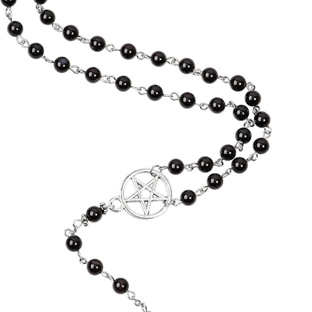 Gothic Baphomet Necklace Zinc Chain Long Bead Rosary Halloween Christmas Gift - Picture 1 of 8